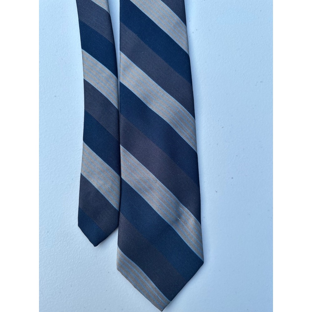 Jacques Estier Paris New York Mens Navy Blue Grey Striped Silk Blend Necktie